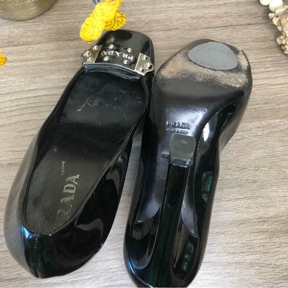 Prada Black Patent Leather Logo Detail Square Toe Block Calzature Donna Pumps 38 - Picture 10 of 10